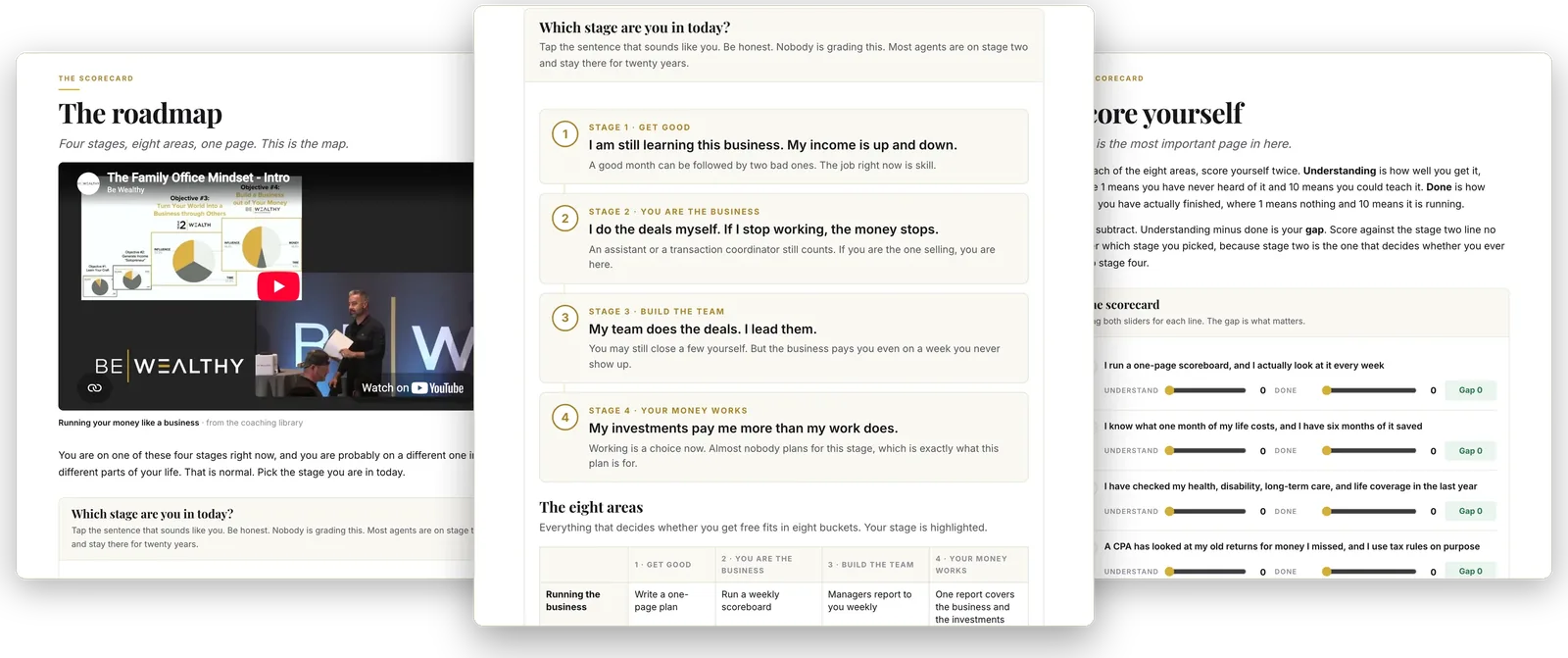 The Get Free in 5 plan open on a laptop and a phone: chapter list, coaching videos, and the stage scorecard.