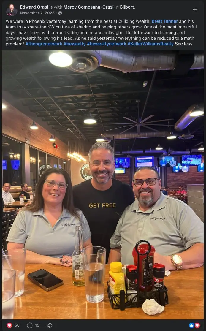 Facebook post from Edward Orasi thanking Brett Tanner for a day of learning how to build wealth in Phoenix with his team.