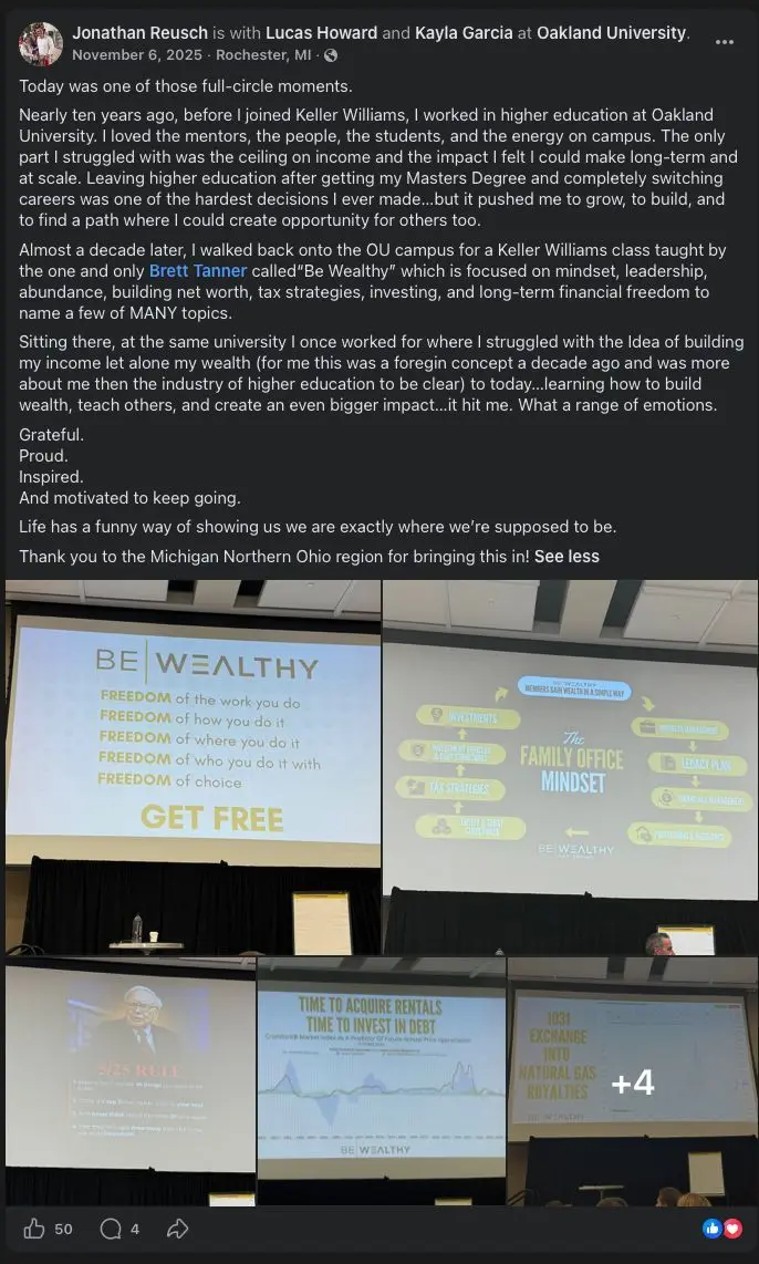 Facebook post from Jonathan Reusch sharing how a Brett Tanner Be Wealthy class at Oakland University was a full circle moment.
