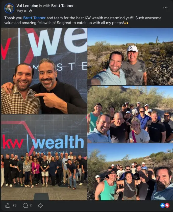 Facebook post from Val Lemoine thanking Brett Tanner and team for the best KW wealth mastermind yet with great value and fellowship.