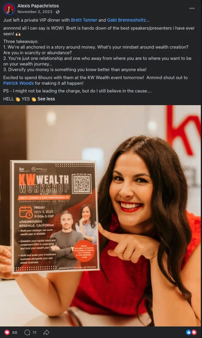 Facebook post from Alexis Papachristos calling Brett Tanner the best speaker she has seen after a VIP dinner and KW Wealth event.
