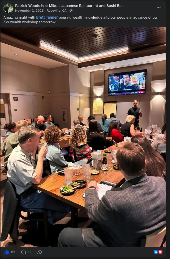 Facebook post from Patrick Woods about an amazing night with Brett Tanner sharing wealth knowledge before a KW wealth workshop.