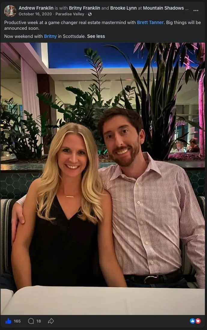 Facebook post from Andrew Franklin calling it a productive week at a game changer real estate mastermind with Brett Tanner.