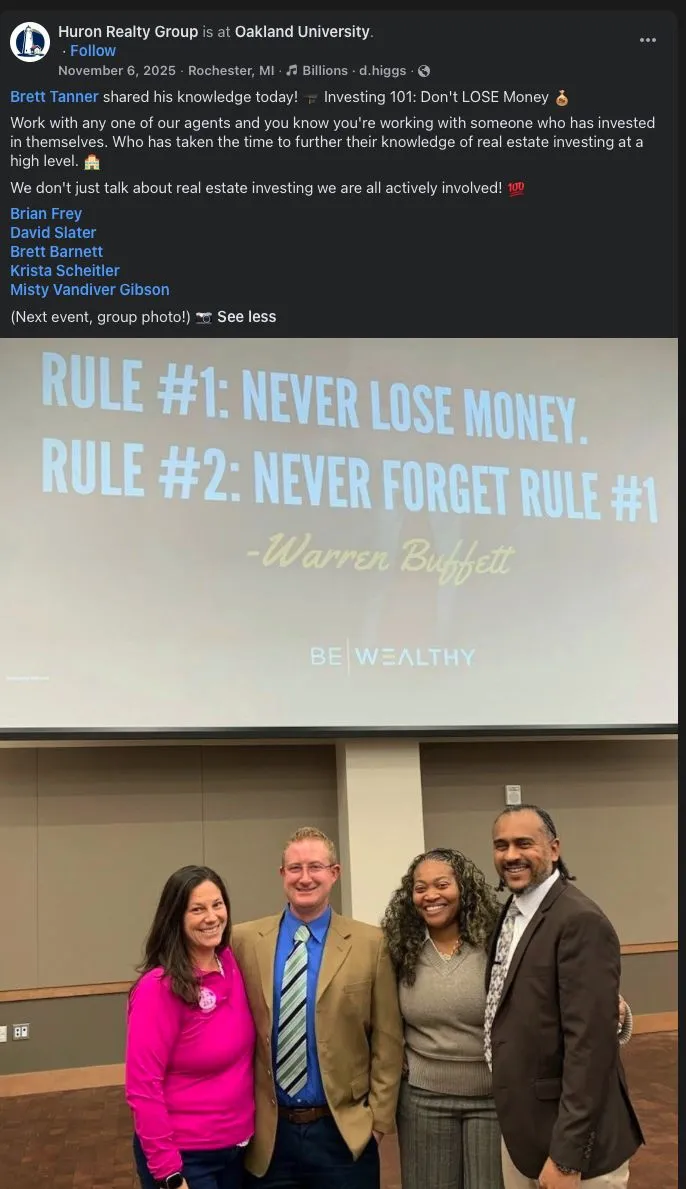 Facebook post from Huron Realty Group sharing Brett Tanner's Investing 101 lesson and a group photo at Oakland University.