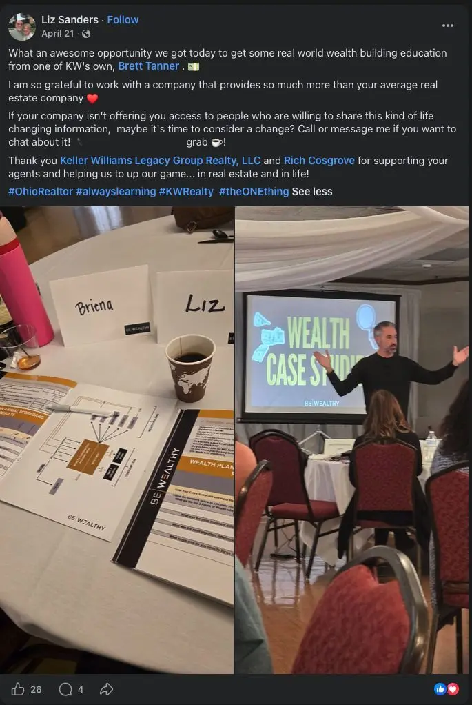 Facebook post from Liz Sanders praising real world wealth education from Brett Tanner and inviting people to reach out to her.