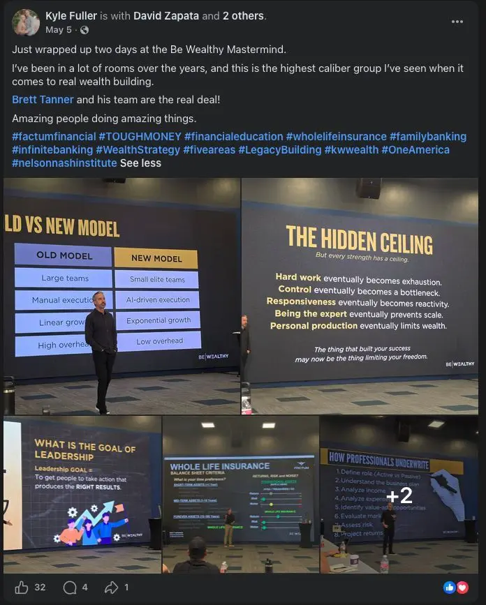 Facebook post from Kyle Fuller calling the Be Wealthy Mastermind the highest caliber group he has seen and Brett Tanner the real deal.