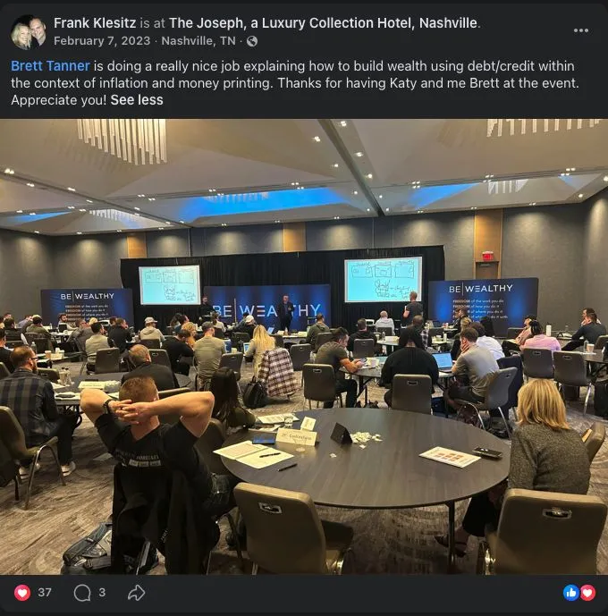 Facebook post from Frank Klesitz praising Brett Tanner for explaining how to build wealth using debt and credit at a Nashville event.