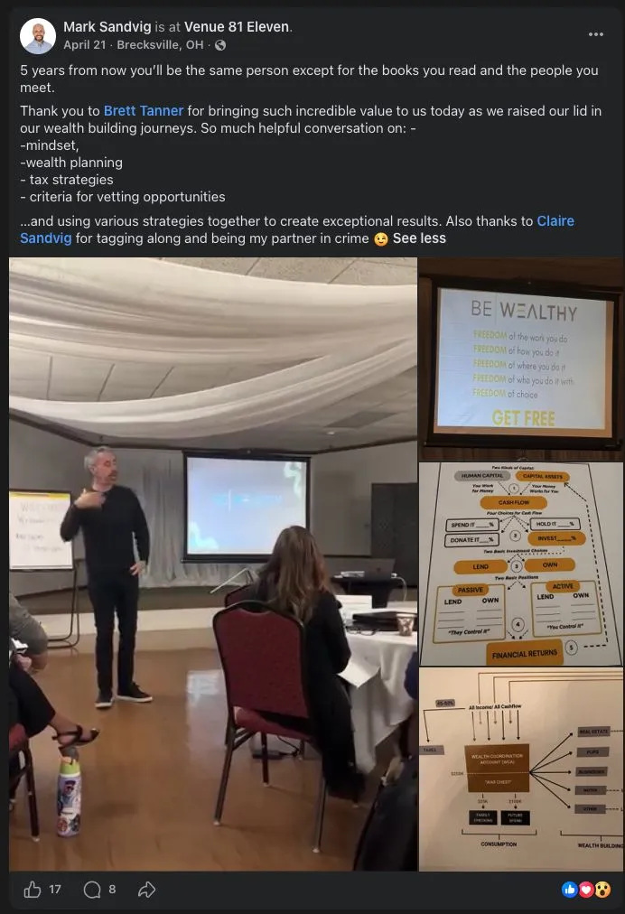 Facebook post from Mark Sandvig thanking Brett Tanner for bringing huge value on mindset, wealth planning, and tax strategies.
