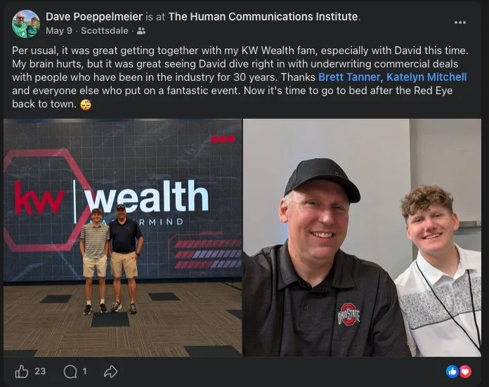 Facebook post from Dave Poeppelmeier sharing a great KW Wealth event with Brett Tanner and time with his son David.