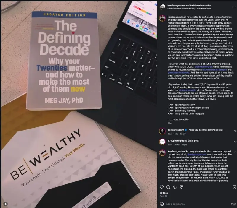 Instagram post from Kamie Augustine praising Brett Tanner's Be Wealthy training as solid gold about defining wealth for you.
