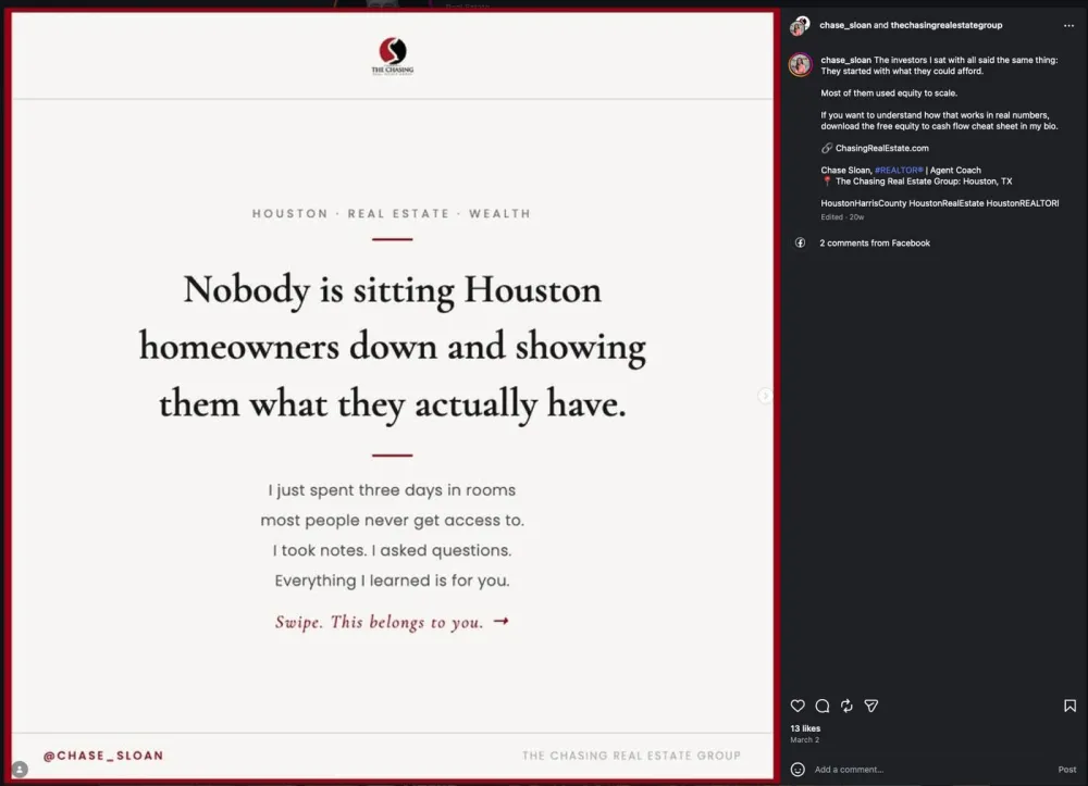 Instagram graphic post from Chase Sloan about spending three days learning from investors in Houston and sharing it with others.