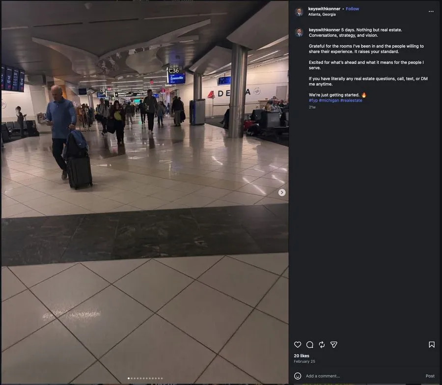 Instagram post from Konner sharing five days of real estate talks that raised his standard, with an airport photo.