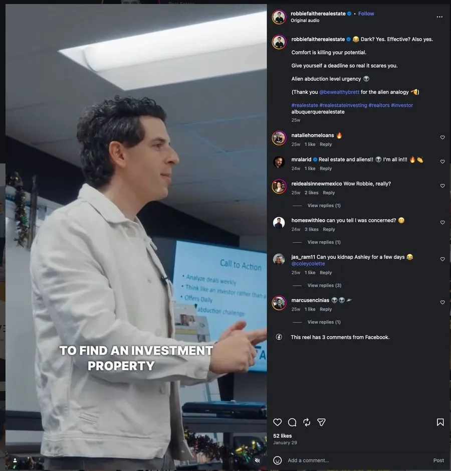 Instagram post from Robbie Faithe thanking Be Wealthy Brett for an alien analogy about urgency and finding an investment property.