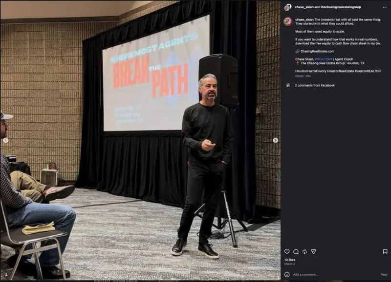 Instagram post from Chase Sloan showing Brett Tanner on stage speaking about where most agents break the path in Houston.