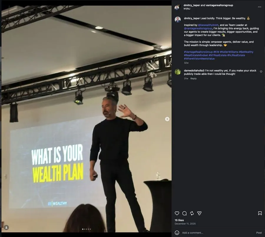 Instagram post from Dmitry Teper saying he was inspired by Be Wealthy Brett to lead boldly and build wealth through leadership.