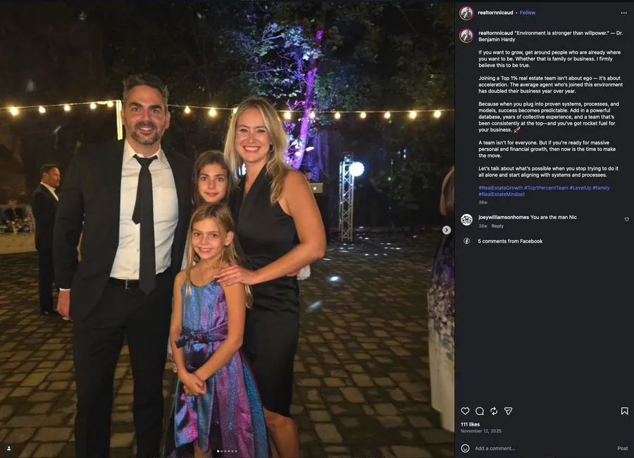 Instagram post from Nic Aud sharing a family photo and how joining a top real estate team speeds up your growth.