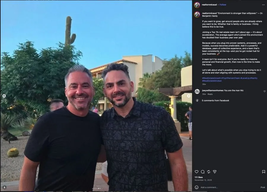 Instagram post from Nic Aud with a photo beside Brett Tanner and a message about surrounding yourself with the right people.