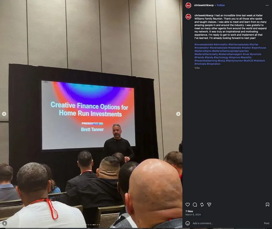 Instagram post from Chris Welch sharing an incredible time at Keller Williams Family Reunion where Brett Tanner presented.