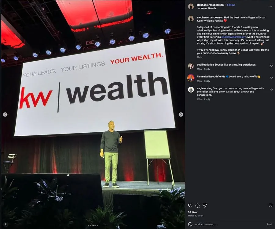 Instagram post from Stephanie Ross Pearson sharing her best time in Vegas with KW, with Brett Tanner on stage.
