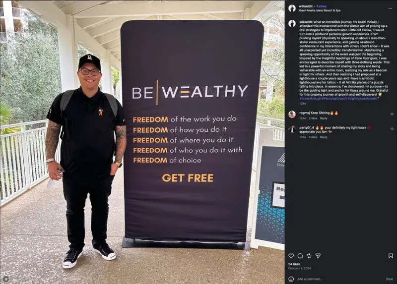 Instagram post from Will sharing how the Be Wealthy mastermind became a profound personal growth experience.