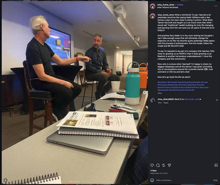 Instagram post from Drew saying Brett Tanner's teaching is life changing and can save you years of trial and error.