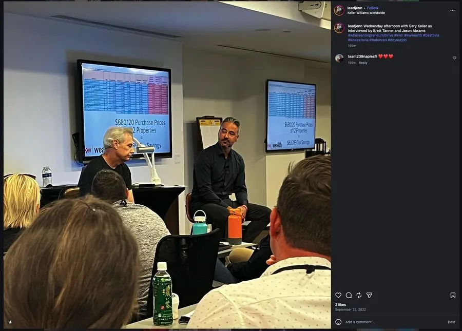 Instagram post from Jenn about a session with Gary Keller interviewed by Brett Tanner and Jason Abrams.