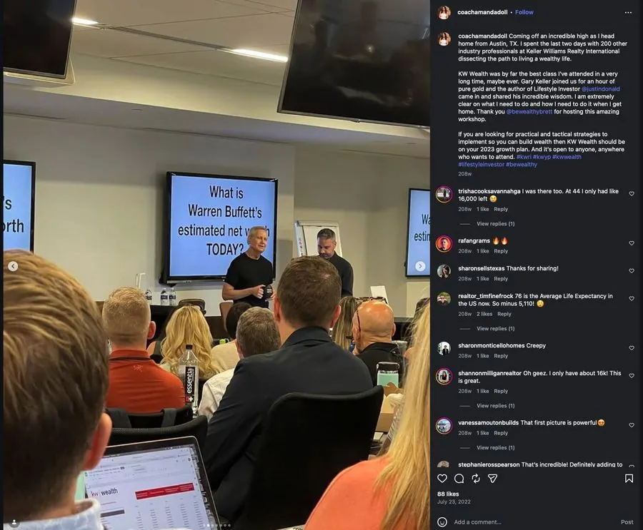 Instagram post from Coach Amanda calling KW Wealth the best class ever and thanking Be Wealthy Brett for hosting.