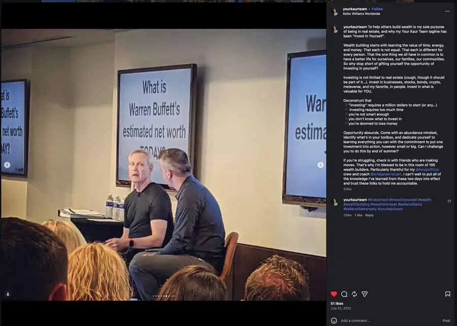 Instagram post from Your Kaur Team about investing in yourself and being in a room of wealth builders with Brett Tanner.